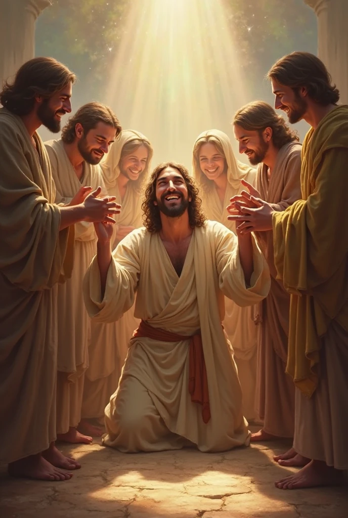 Create a group of men and women dressed in white robes, reunited with Jesus, and hugging him between the clouds of heaven