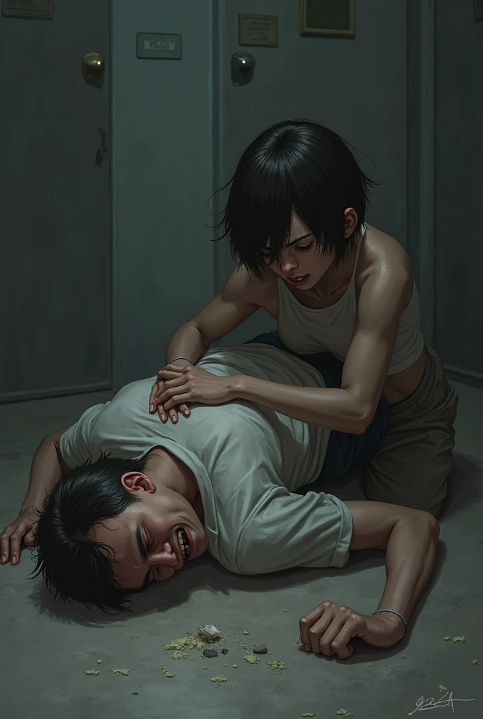 A age boy strangles another teenboy, makes a face of pain, and presses him to the ground.