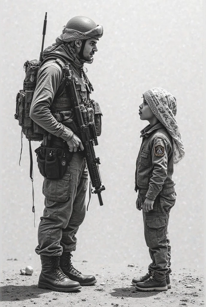 In a sombre and poignant black and white scene, a , with an expression of tenderness and hope, extends a book to a soldier in the middle of a devastated battlefield. the boy, with simple and worn clothes, It seems to contrast with the harshness of the war environment that surrounds it.. The soldier, covered in dust and with a look of surprise and gratitude, receives the book with hands marked by conflict. At the bottom, The landscape shows the desolation of war: debris, smoke and destroyed structures, all under a greyish sky that emphasizes the melancholic tone of the image. This scene captures a moment of humanity and hope in the midst of adversity..