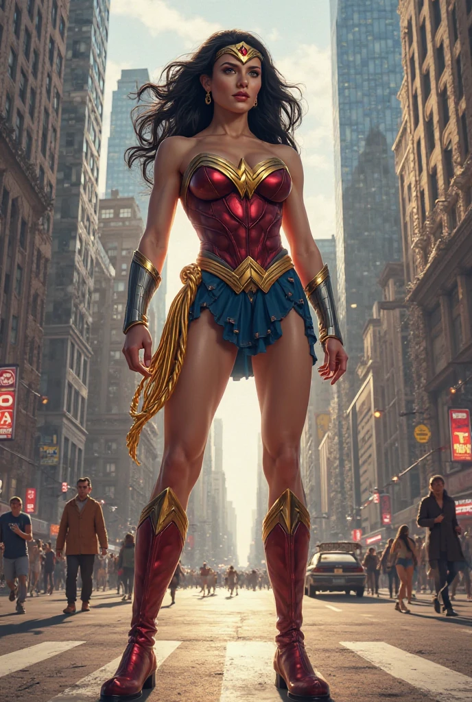 (((wonder woman))), perfect hands, smooth face, ((wide shoulder)), perfect legs, perfect skin, curvy body, toned skin, crowded street, perfect thighs, (((muscular woman))), seductive smile, squatting, 