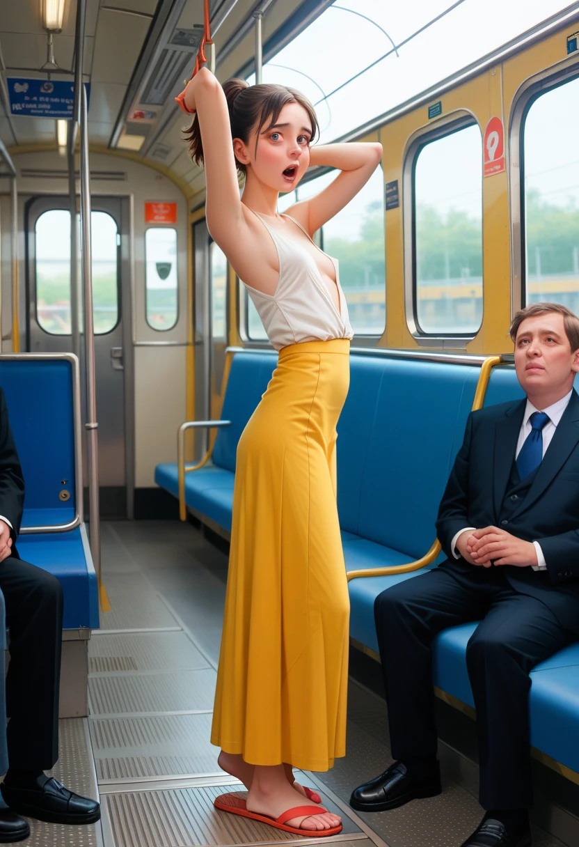 Very tall young woman on the subway.