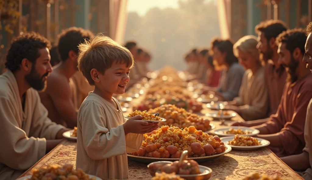 12 year old boy dressed in a robe enjoying a banquet, cinematography lighting, 8k fotorrealista, hdr, detalles intrincados