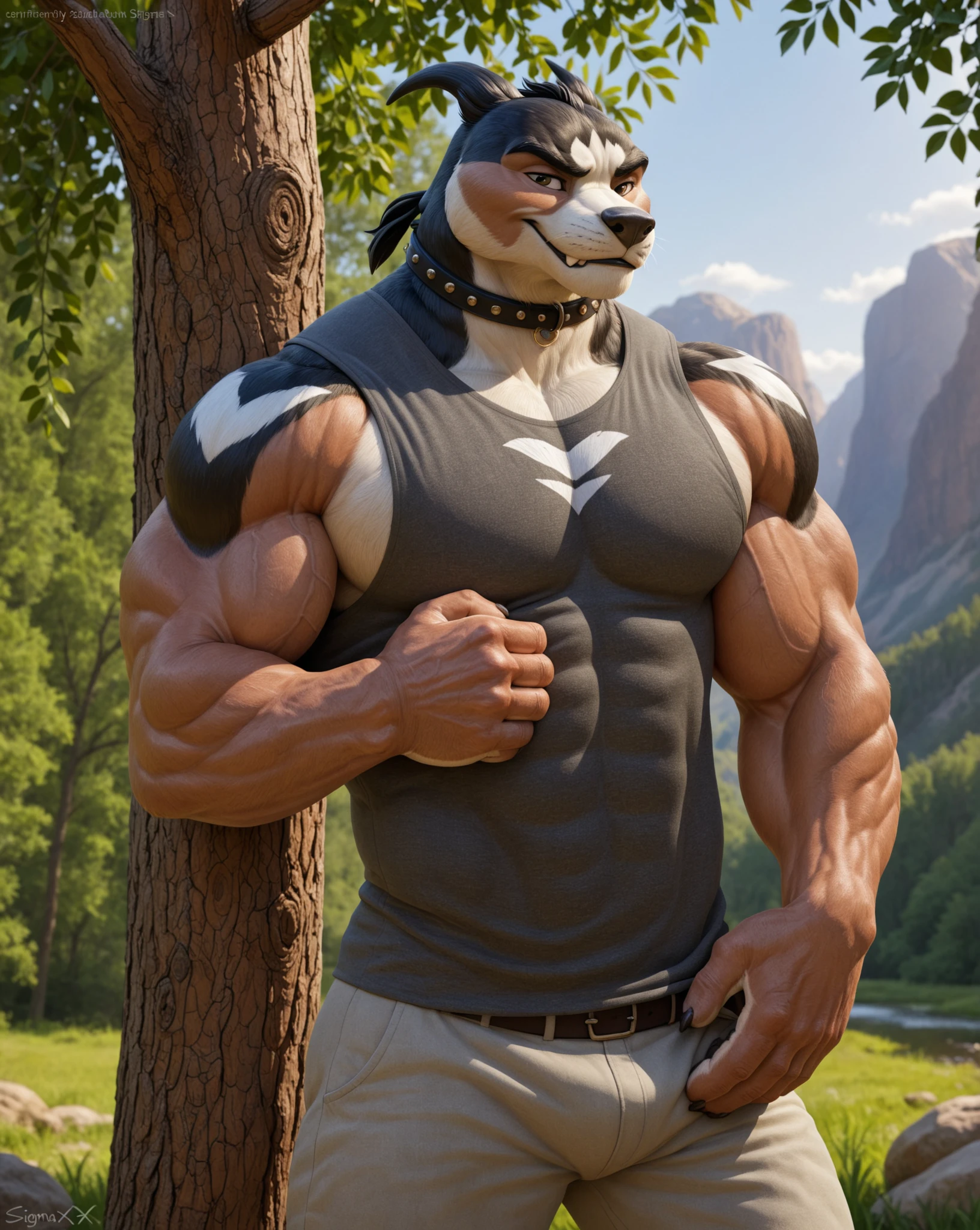 ((best quality)), ((masterpiece)), (detailed), hyena, furry, anthropomorphic, muscular, hairy chest and torso, flexing right bicep, gym shorts, with backpack, chest strap, hiking, adventure