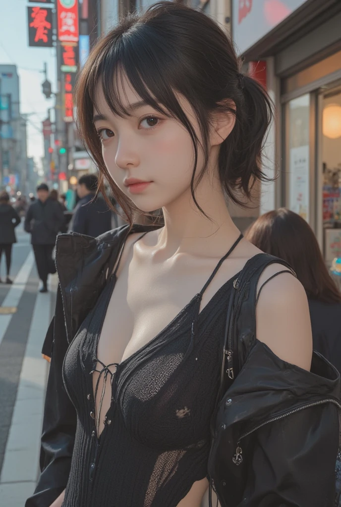 (8K, Raw-Photo, Top Quality, masterpiece: 1.7). (Photorealistic, Photorealistic: 1.9). ((1 rapariga)). Japanese. Tokyo's streetscape. natta. profesional lighting. photon maping. Radio City. large full breasts. see-through shirt. The tips of the are sticking out. The areola is protruding............. The shape of is clearly visible............. girl. I have a lot of eyelashes. Pure black eyeshadow. Pitch black lip. Peach Black Hill. pubic-hair. My lower abdomen feels full........... Slender. The crotch is open. it'i think it'It's too big.........'han'what does that feel like????????'my bra is leaking.. There is a lot of conspiracy. The pubic hair sticks out very much..