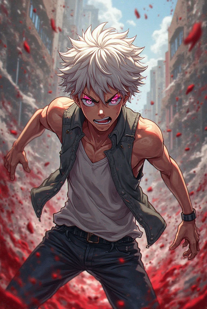 1 men, short white hair, pink eyes, Kitten ears, Hospital Clothes Slightly muscular body, at night, raining, front view, Top of a destroyed building, bruised and bloody body, tired facial expression