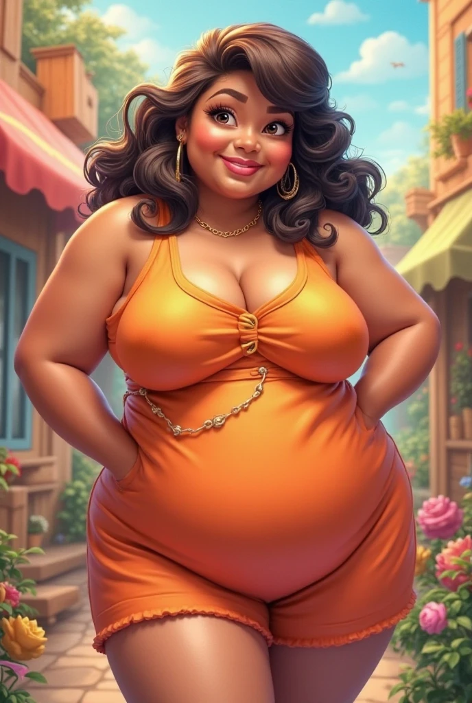 black skin woman , straight black hair , chubby, happy face , Disney pixar