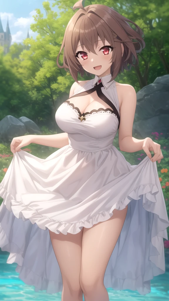 masterpiece, nsfw, erotic, 18+, best quality, highres, aarurutie,1girl, wedding dress, white dress, standing, garden, smile, open mouth, aayorf, sidelocks, gold hairband, hair ornament, red eyes, gold earring, large breasts, choker, bare shoulders,  fingerless gloves, thigh boots, tight white stockings