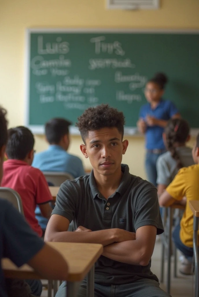 12 year old boy is sitting in class