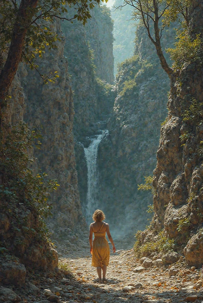 Wide scene of a waterfall and a river in the forest. On the river bank you can see a change of medieval clothes belonging to a traveler.. in background, Inside the river you can see a naked blonde woman with short hair bathing near the waterfall. cinematic style, absolute sharpness, 8k image (masterpiece).
