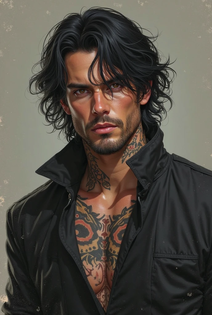 Black haired man with green eyes tattooed 