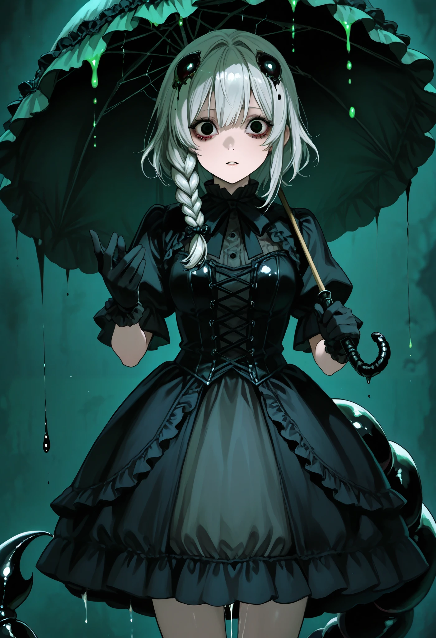 Scorpion girl. Black gothic dress. Scorpion tail. Crustacean. Parasol. Silver hair. Horror eyes. Single braid. Crustacean left hand. Black gloves. Spider eyes in her hair. Dripping green mucus.
