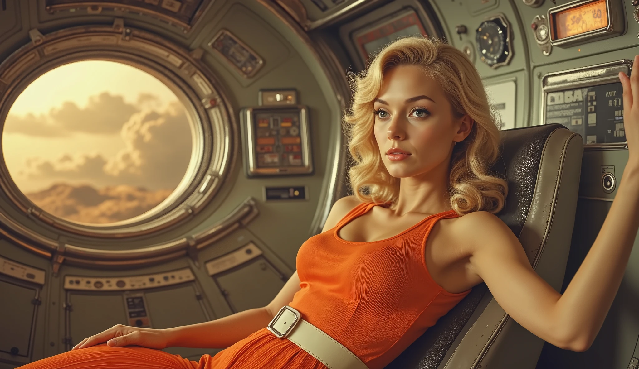 Young, light-skinned woman, 20s, resting in a vintage spacecraft interior. She is seated with a relaxed posture, leaning against the circular porthole. Light blonde hair is styled in loose waves, framing her face. Her expression is calm and contemplative, looking out through the window. She wears a vibrant, orange, pleated jumpsuit with a fitted, white belt that accentuates her waist. The fabric's texture is visible, showing subtle folds. The jumpsuit is sleeveless. The environment is a vintage, metallic gray and cream interior. The spacecraft's metallic surfaces are intricately detailed, showing panels and control knobs. A large, circular porthole offers a breathtaking view of a planet. The colors are a rich warm orange, complemented by muted grays and creams of the interior. Soft, diffused lighting casts a natural warmth over the scene. The planet in the porthole features warm, earthy tones and hazy atmospheric effects. The perspective is a medium close-up, emphasizing the subject's posture and the spacecraft's design elements. Cosmonaut or space exploration aesthetic. High-quality photorealistic style. Detailed, carefully composed, cinematic style.