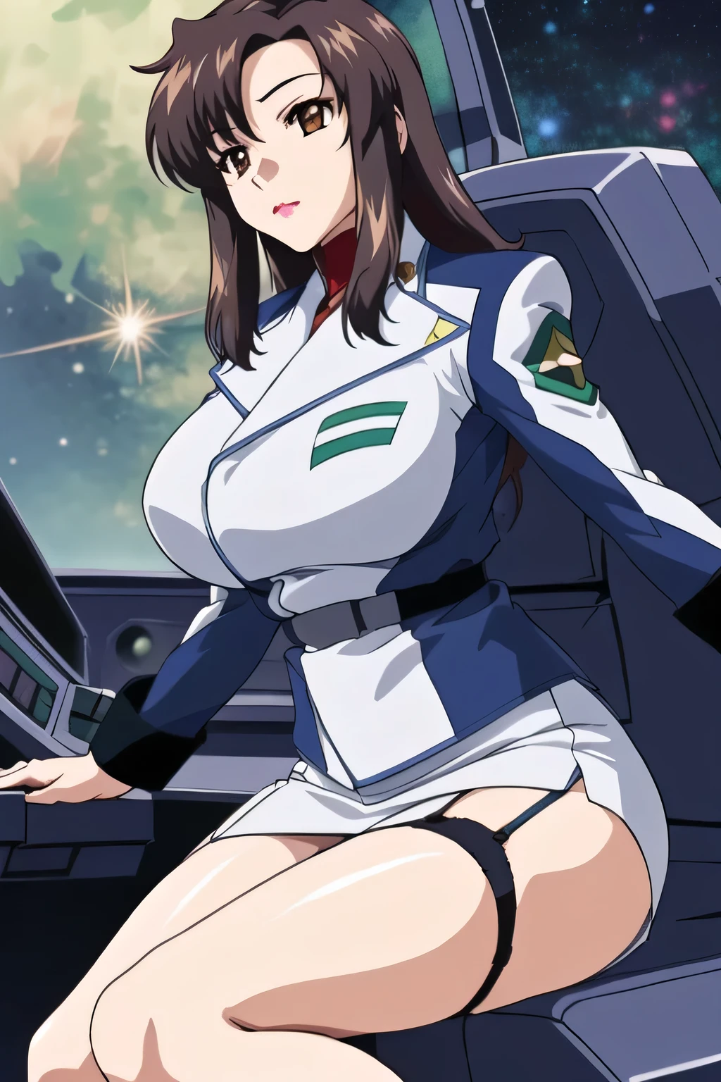 ( Please draw bigger breasts even bigger breasts),(Open your legs and you'll see dark blue panties),( 40 year old adult female ) masterpiece, Made of fine straw, high image quality , friendly 1 , 1 girl, alone, (Bare legs), ( 2-high stockings ,garter belt with dress)military uniform, military, Compensate, white shirt, white skirt, tight skirt , sitting, upper body, cockpit , space, ,