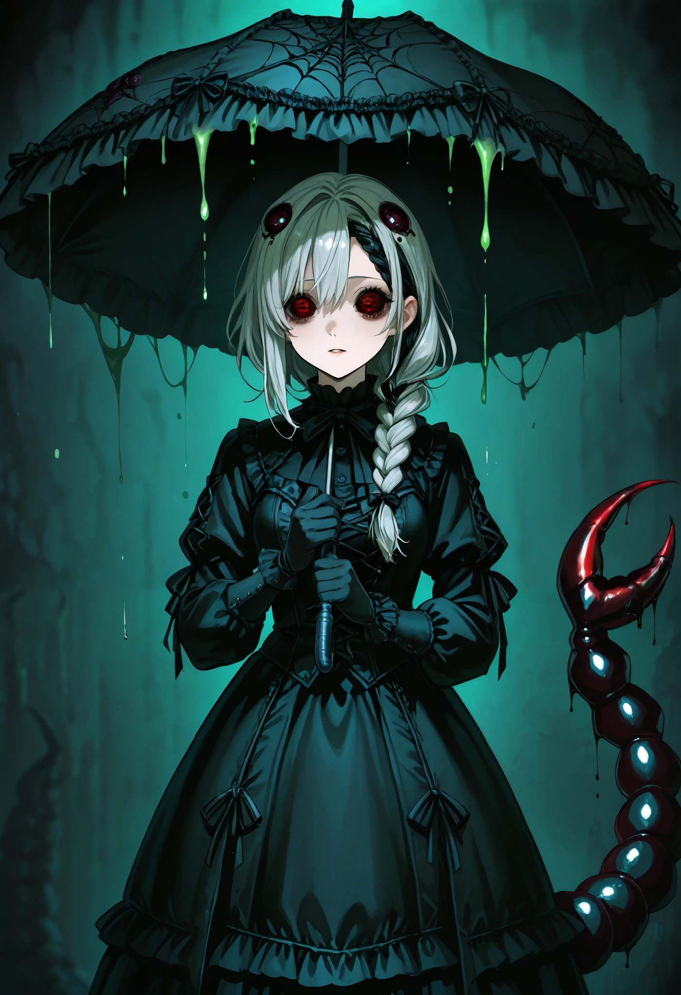 Scorpion girl. Black gothic dress. Scorpion tail. Crustacean. Parasol. Silver hair. Horror eyes. Single braid. Crustacean left hand. Black gloves. Spider eyes in her hair. Dripping green mucus.
