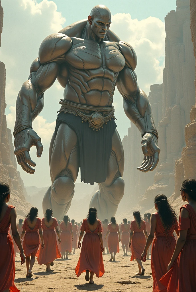 Scene 2: Nandimithra Steps Forward
Nandimithra, a giant among men, steps into the scene. His muscular build and towering stature are immediately apparent. He is depicted in the moment just before action, standing directly in front of the boulder. His expression is one of intense focus and determination, his brow furrowed as he assesses the obstacle. His hands grip the rough surface of the boulder, his fingers digging into it as if it were clay. The soldiers around him pause, watching in anticipation.