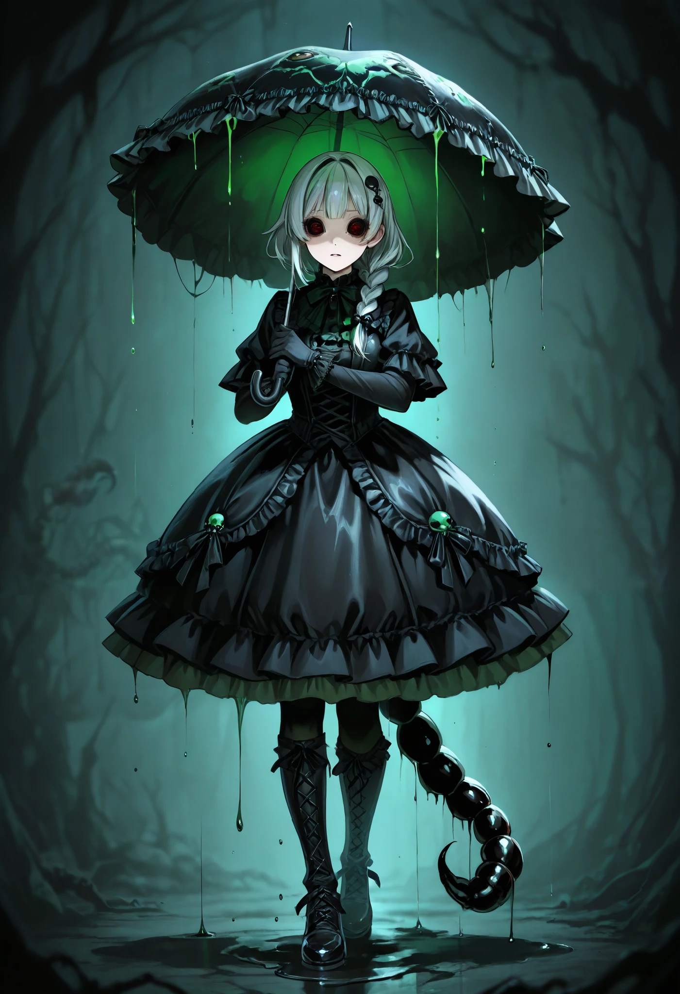 Scorpion girl. Black gothic dress. Scorpion tail. Crustacean. Parasol. Silver hair. Horror eyes. Single braid. Crustacean left hand. Black gloves. Spider eyes in her hair. Dripping green mucus.