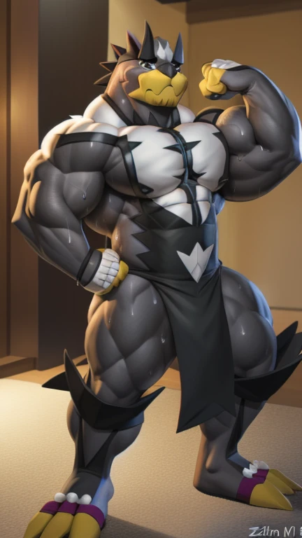 blephemon, muscular, dominant, low angle, toothy grin, dark environment, large bulge