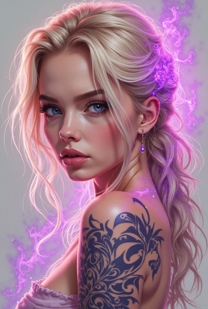 Scorpio (The Scorpion – Water Sign)
A mysterious young woman emerges from the shadows, her reddish-pink hair slicked back and shimmering like wet silk. Her piercing light-blue eyes burn with passion and depth. She wears a lace-trimmed deep purple bralette with sharp-cut silver jewelry resembling scorpion tails and venom drops. A glowing Scorpio glyph is inked on her shoulder. The background is rich in dark purples and midnight blues, with storm clouds and lightning hinting at transformation and hidden power.