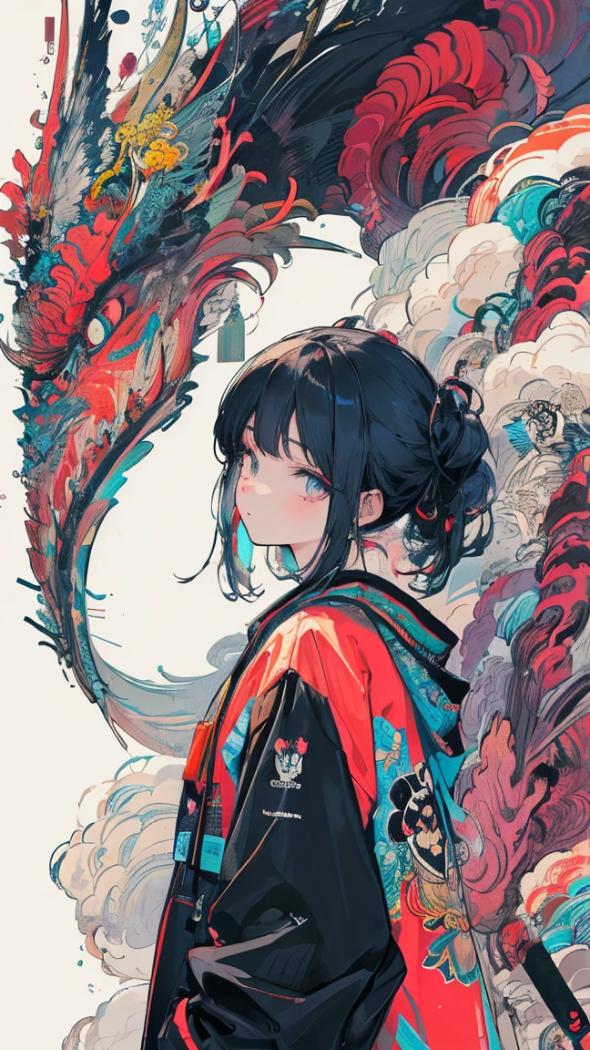 absurderes， A high resolution， ultra - detailed， solo， Extremely detailed eyes， Ultra-precise depiction， Ultra-detailed depiction， boy（zentangle：1.2）， （dynamicposes）， （abstract backgrounds：1.5）， with short black hair， red color eyes，Yellow-skinned， many color， The upper part of the body， With perspective
