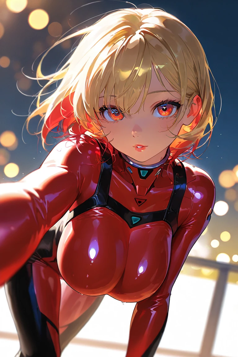optimal,master piece,High resolution,best quality,hyper hd,super detail,award-winning,16K,solo,(Upper body),correct anatomy,Beautiful Cyberpunk Girl,cowboy shot、cute face,,blonde、bob cut、Red ribbon hair ornament、hair line,((scarlet eyes)),long eyelashes,dangling corner of the eye,white skin,((Shoot head-on)), ((rider suit:1.5)), ((Clocktop、)), ((transparent nipples))、rocket , (Because I'm slender),