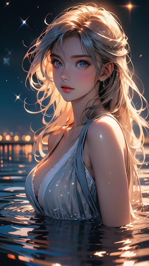 ((((masterpiece, best quality, high resolution)))), Extremely detailed 8K, Beautiful girl with slender body, e-girl, (Ultra HD, Ultra-detailed, Highly detailed, Highly realistic, Ultra-realistic, photograph realistic), (1girl:1.5), (Realistic blonde hair with dark roots), wavy hair, boho bob cut,(dark makeup, pink eyeshadow), facing at camera, light smile, (white and gold outfit, see through clothes, wet skin, transparent). (space cruise), coy grin, sydney sweeney
