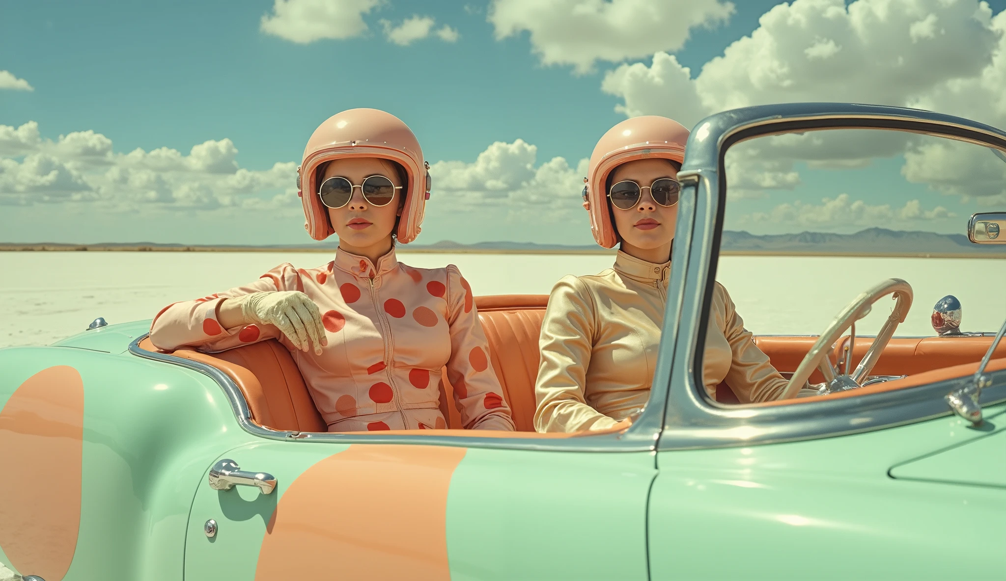 Two young adult women, likely Caucasian, seated in a custom-designed, mint-green convertible car.  They are both wearing matching, vibrant, pastel-colored polka-dot jumpsuits. One wears a light peach jumpsuit, while the other wears a metallic gold jumpsuit.  Both jumpsuits feature large, colorful polka dots against their base colors, creating a playful aesthetic.  The suits have a sporty, aerodynamic design.  Both women are wearing matching pastel-pink aviator-style helmets and matching round sunglasses, adding a futuristic touch.  The women are positioned in a casual, relaxed pose, with slightly angled bodies.  The car's body is decorated with large, circular designs in shades of orange and peach.  The car's open hood and trunk suggest a dynamic scene.  The environment is a vast, light-toned landscape, possibly a salt flat, under a vivid blue sky with scattered clouds, bathed in bright, natural light. The composition is a low-angle, wide-shot, showcasing both women and the vehicle in detail.  The lighting is bright and high-key, emphasizing the cheerful and playful atmosphere. The color palette is vibrant and saturated, with a mix of pastels and bold tones.  The style is retro-futuristic, and pop art elements are present throughout the composition. The mood is playful, vibrant, and exciting.  The overall impression is a fun, stylish scene.
