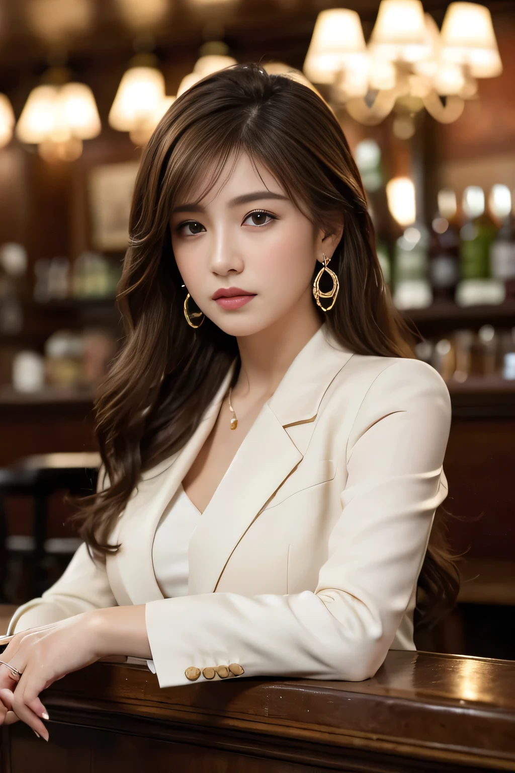masterpiece, highest quality, realistic, Super detailed, small details, High resolution, 8k wallpaper, 1 beautiful woman, wear casual business wear, in a great restaurant, At night, light brown messy hair, perfect dynamic composition, beautiful and detailed eyes,((Hair with loose waves inside:1.2)),((gold necklace＿Large earrings:1.2)),((Super long brown hair:1.2))、fullbody shot、((full figure supermodel standing, entire body in frame))、((look down at the viewer,from below:1.5))