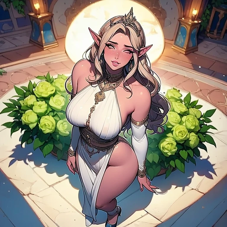 (Solo:1.2), (1girl:1.2), 21 years old, very attractive, elf, purple hair, freckles, thick eyebrows, (enormous breasts:1.3), full bosom, deep cleavage, elegant, small waist, (white goddess dress:1.4), beautiful gold jewellery, glasses, hair styled beautifully, gorgeous makeup, dark lipstick, full lips, (in low light living room:1.2), happy, seductive, (blushing heavily:1.2), beautiful eyes (masterpiece, high resolution, ultra detailed eyes, ultra realistic, beautiful lighting, 4K, 8k, highly detailed)