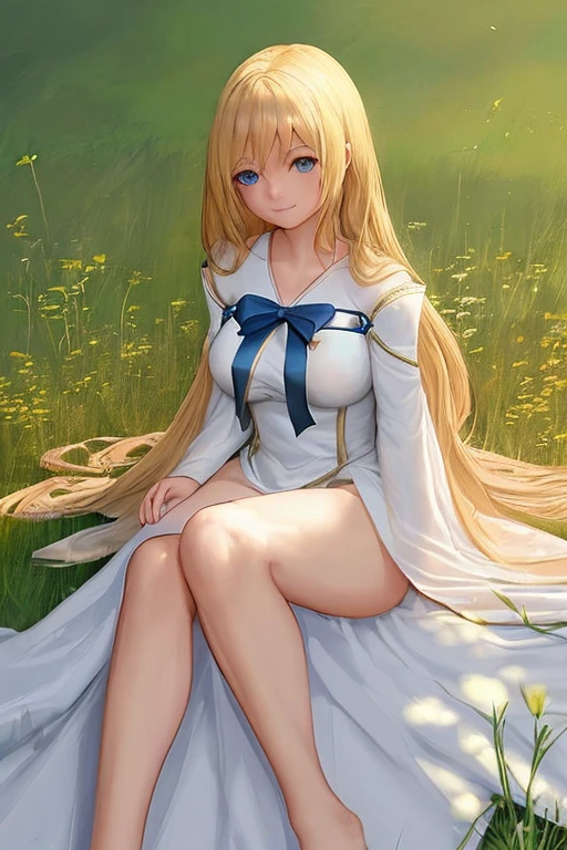 Obra maestra, NSFW, erotic, 18+, mejor calidad, high resolution, aarurutie,1 chica, vestido de novia, vestido blanco, de pie, garden, sonrisa, boca abierta, pelo largo, pelo rubio, x adorno para el pelo, blue eyes, cola de caballo, adorno para el pelo,
