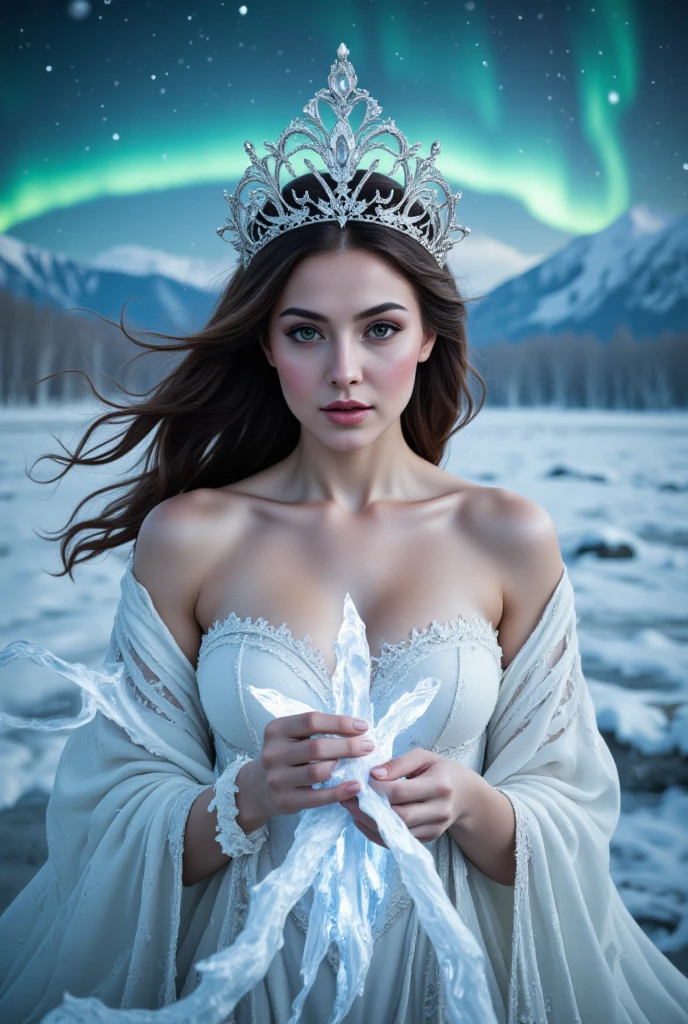 Naked Miss World in a Snow Maiden costume
