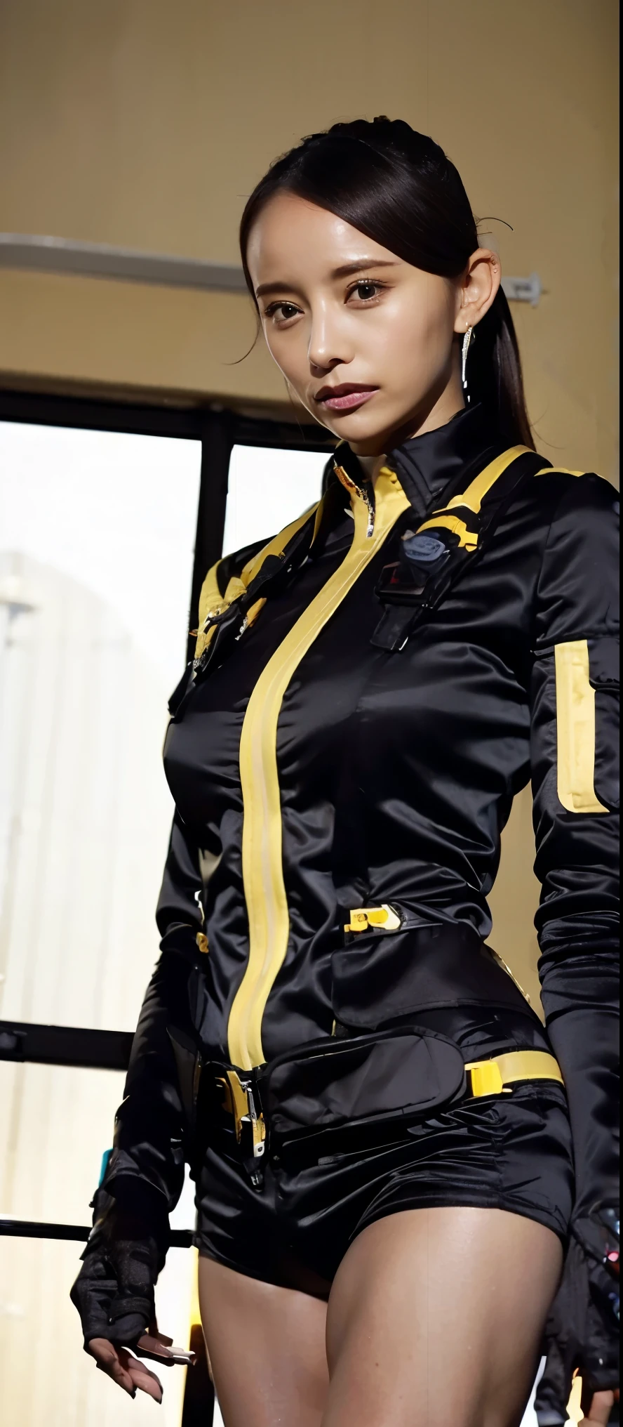 ( extremely realistic ), ( top quality in the classroom ), ((round, SMALL AND PRECISE FACE )), black gloves,wristwatch,black eyes,short shorts,black shorts, boots, gloves, jacket,shorts, black hair,ponytail,adult female, Big Breasts,Big Breasts, Her breasts are so big and plump, Her breasts are so big and plump, clothes are perfect for your figure,The nose is small