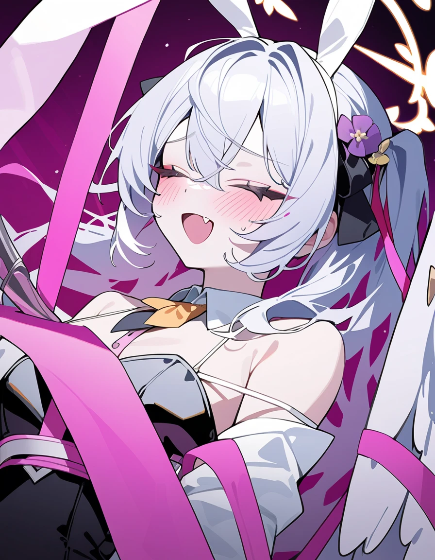 1girl,heart-shaped pupils,fingernails,hands on own face,white hair,purple eyes,(blush:1.1), (from above:1.3),choker,upper body, heart, full body shot, 19 years old, large breasts, triple D cup breasts, round buttocks, bubbly buttocks, wide hips, bubbly ass, ((heavy breathing:1.3)), crop top, happy, smile, vampire, nsfw