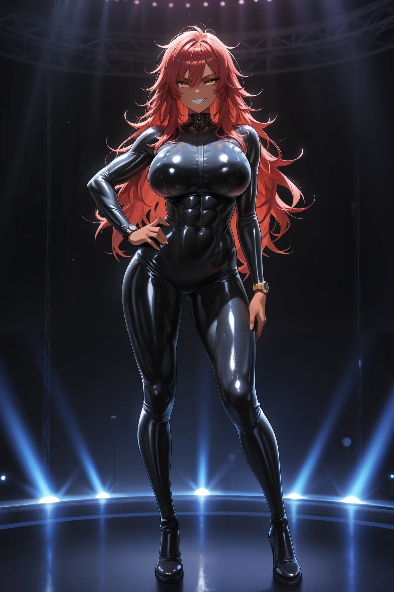 (beautiful girl:1.25), (megan fox:1.25), (large fake breasts:1.45), (young bodybuilder girl wearing cybernetic muscle suit:1.25), carnage muscular physique, seductive face, mouth wide open carnage style, long red hair, perfect muscular body, super skinny legs, sissy, femboy, (full body view:1.25),