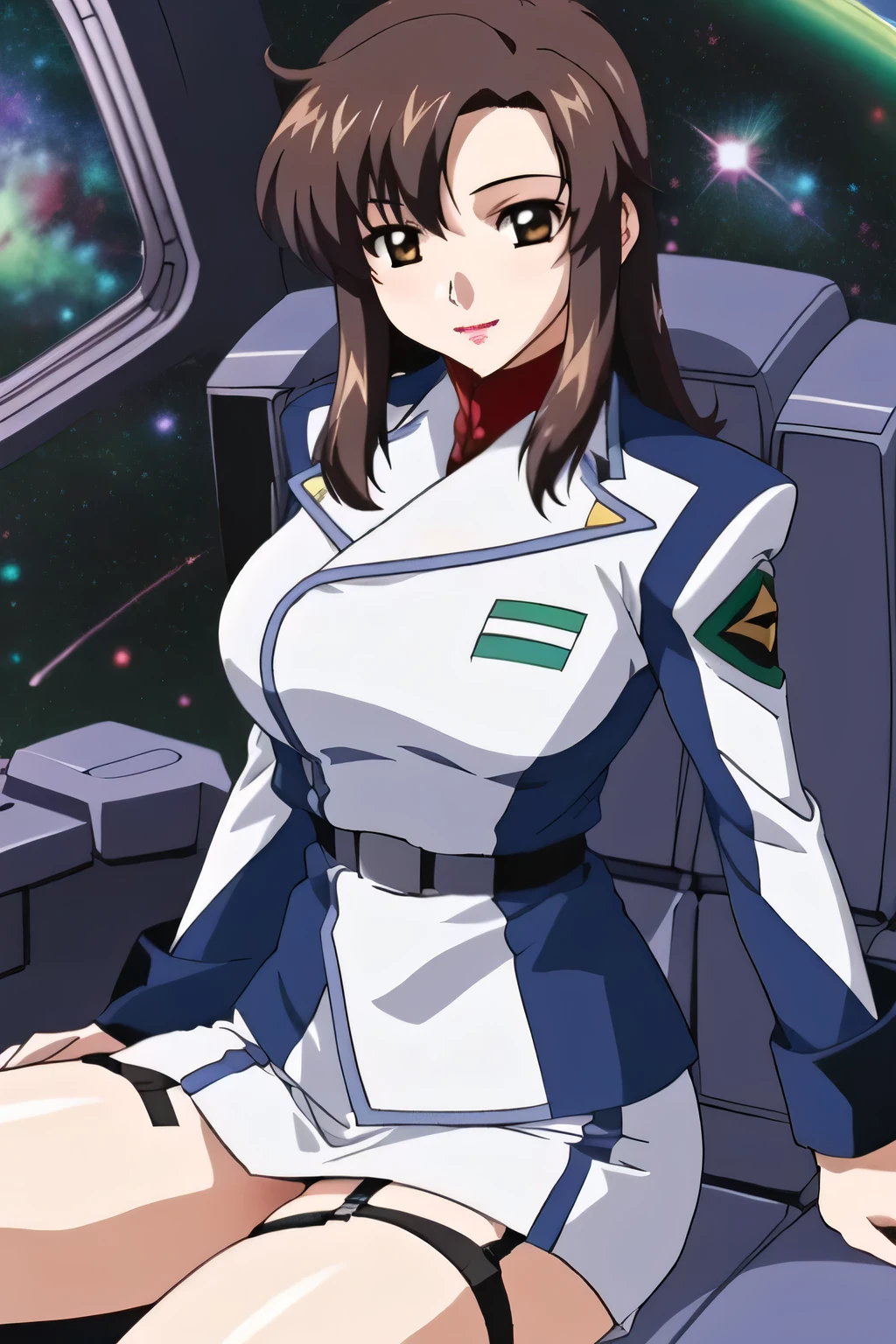 Please draw the facial expression more delicately,Garter beltと太ももまでの二ーハイストッキング着用,( bigger breasts、Please draw bigger breasts),(Open your legs and you'll see dark blue panties),( 40 year old adult sexy adult woman ) masterpiece, , high image quality , friendly 1 , 1 girl, alone, (bare legs), ( 2-high stockings ,Garter belt)military uniform, military, offset, white shirt, white skirt, tight skirt , sitting, upper body, cockpit , space, ,