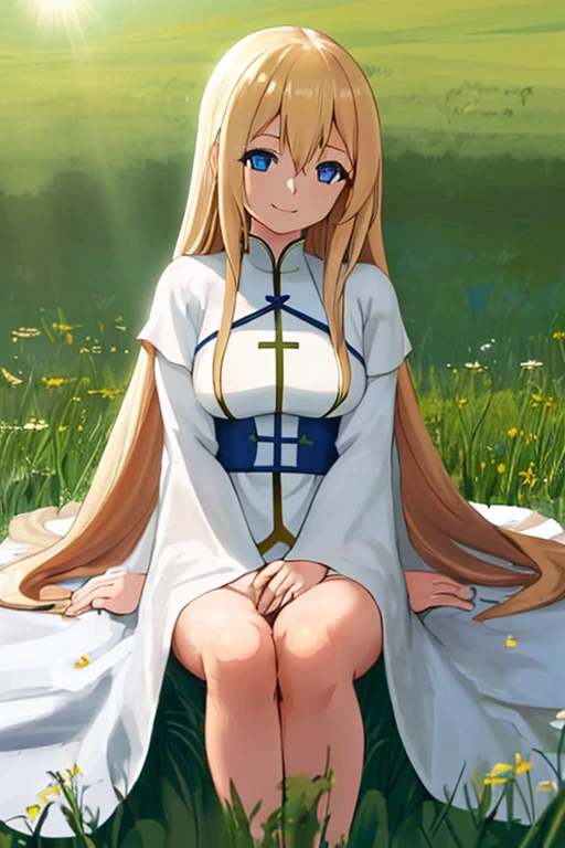 white background:2, <lora:BeastTamer_Mina_by_minion-10:0.7>, mina, blue dress, white dress, maxi dress, cross necklace, full body, sitting, spread legs, blue sky, grassy field, looking at viewer, 1girl, solo, high contrast, sharp focus, masterpiece, best quality, highly detailed, HDR, highest quality, highres, sharp focus, 8k, 16k, skin pores, dynamic lights, realistic shadows, best shading, award winning masterpiece