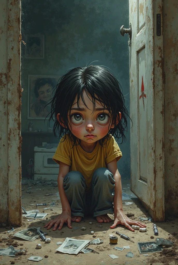 dark scene, long shot, a little girl with six arms, crying and suffering in a dirty floor, dirty dark walls, dark and gross room, horror scene, darkness, terrific, bloody, dirty, dark mood, suffering, pain
