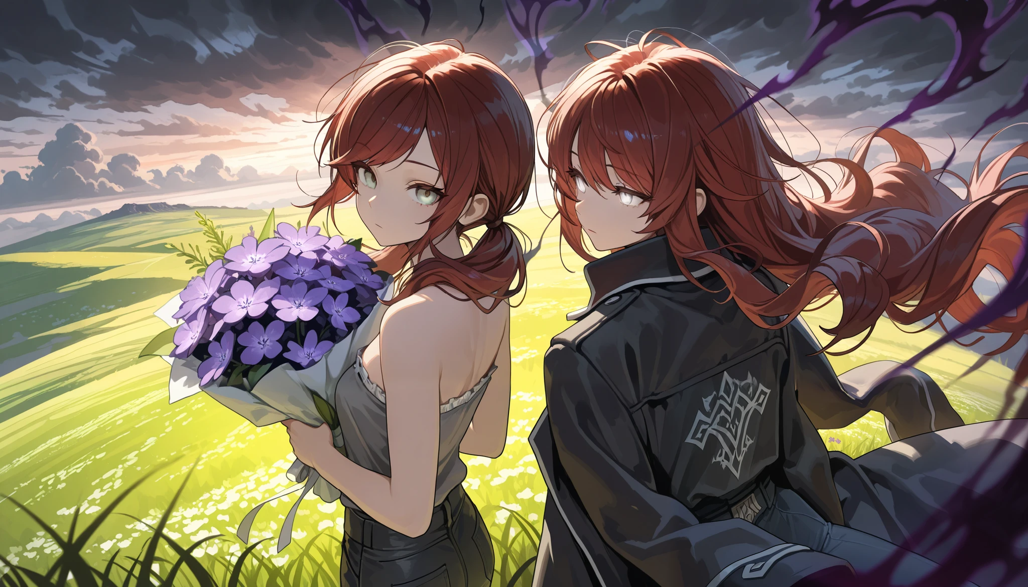 (masterpiece:1.2, Best Quality), (finely detailed beautiful eye: 1.2), (beautiful detailed face), (masterpiece:1.2, Best Quality), (finely detailed beautiful eye: 1.2), (beautiful detailed face),from above, from behind, looking out to sea, storm clouds, dark aura, dark energy, bristly hair, glowing eyes, dark aura, shadowy aura, upper body, thin girl, holding bouquet of purple flowers, expressionless, :l, Gray eyes, lifeless eyes, head tilt, dark red hair, swept bangs, low twin tails, white ribbons, strapless sleeveless shirt, gray shirt, shirt with white trim, frill trim, black coat worn over shoulders, black jeans, black nails, thin thighs, thin legs, field of colorful flowers , tall grass, atop cliff, close up, messy hair, stoic, shadowy aura, dusk, few stars, 