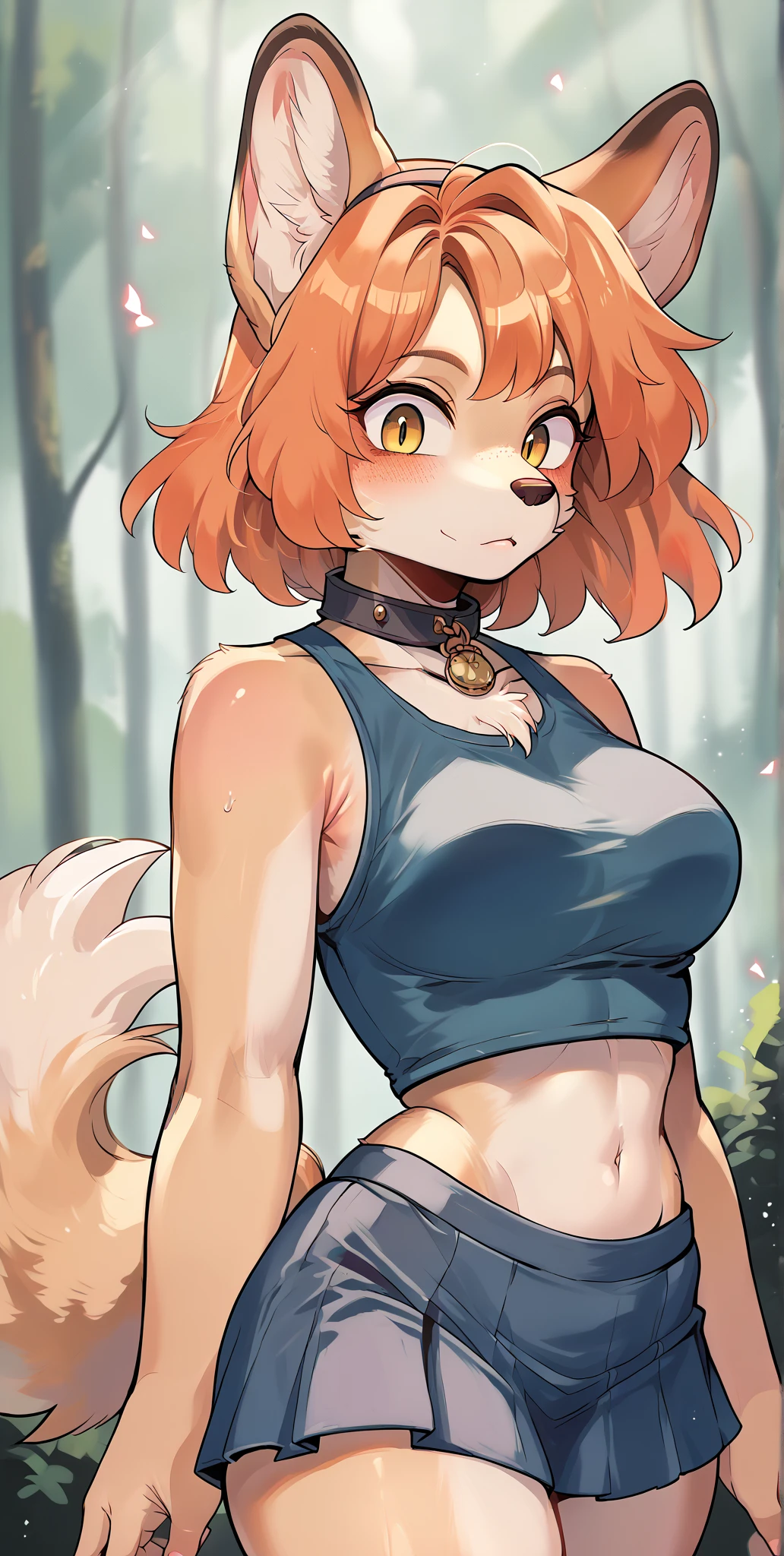 (( ((Retsuko, red panda, aggretsuko)), female, feminine figure, thick thighs, narrow hips, big ass, covered nipples, breasts, small breasts, sweaty, ((partially visible vulva, fat mons, cameltoe, loose shirt, tshirt, crop top, yellow shirt, thong, black thong)), ((seductive pose, frowning, wide eyes, embarrassed, shy expression, blushing, simple background))