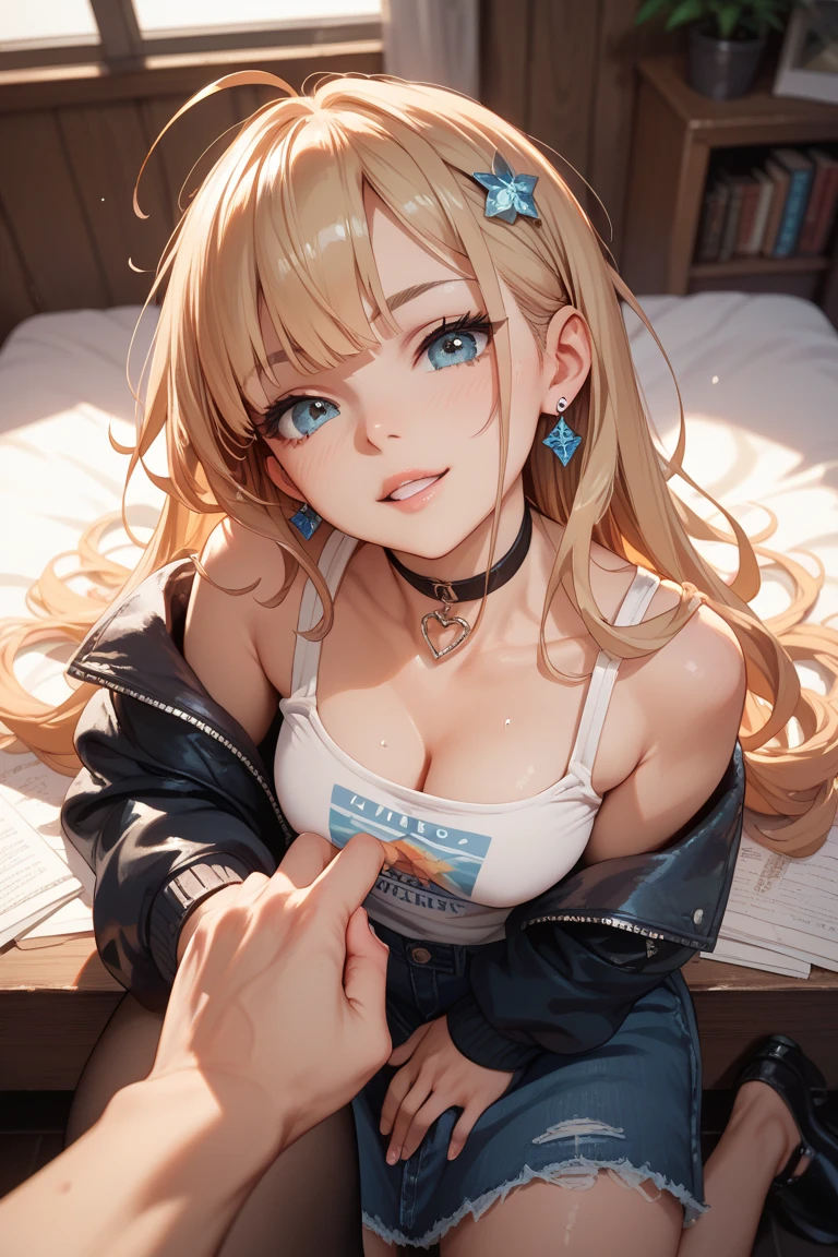 Masterpiece: 1.4), (Best Quality: 1.4), 8K, HD, Ultra Clear, 1Girl, (Big: 1.4), Long Blonde Hair, (Heart-Shaped Pupil: 1.3), (Tongue Out: 1.2), Frightened: 1.3, (Laughing: 1.4), Naked Belly, White Lace Underwear, Skirt, (Looking Up), Bedroom at Night, Necklace, Messy Clothes