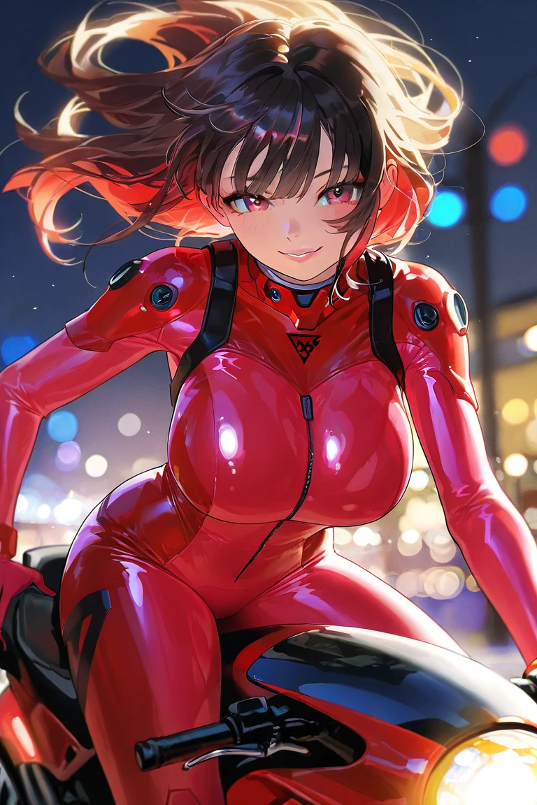 Rain Mikamura,yellow headband,perfect hands, perfect finger,perfect anatomy, masterpiece, best quality,realistic, hyperrealistic, 16k hdr,1girl, large breasts,erected nipples,brown hair, medium hair,green eyes,mobile trace suit, shoulder armor with antenna,pink and black latex bodysuit,skin tight, outdoor,sunset,city,,(all fours),sweat,(red blush,embarrassment,angry:1.2) ,(metal dog collar with leash),from side