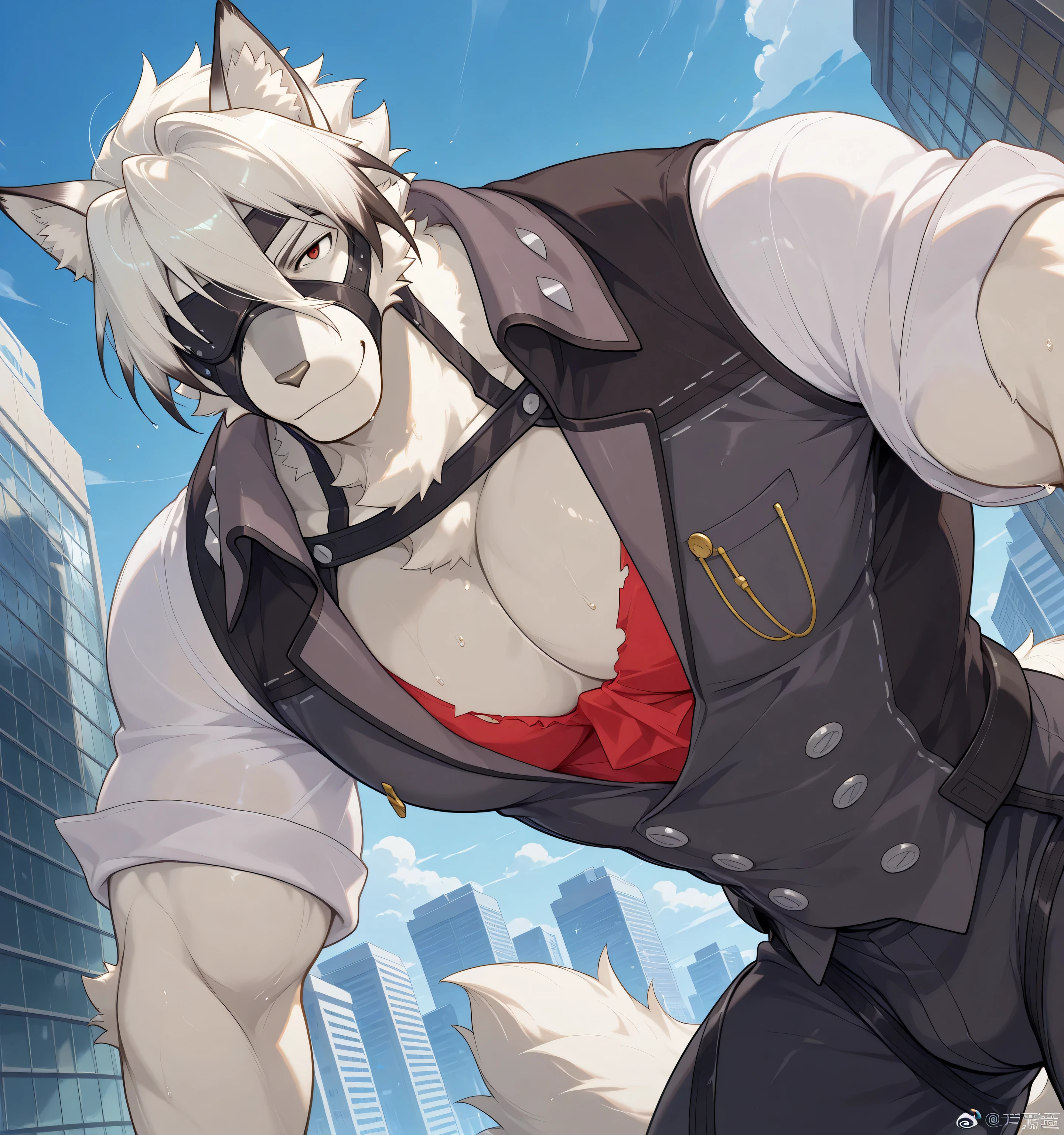 detailed background, low view, front view, leaning forward on viewer, city, dutch angle, upper body shot, solo BREAK score_9_up,score_8_up,score_7_up,score_6_up,score_5_up,score_4_up BREAK kemono, bara, furry, 1boy, Lycaon, white fur, white hair, animal ears, tail, eye patch, red eyes, male, ripped clothing, huge muscular, male, broad chest, broad shoulders, thick arms, thick legs, macro, posing, bedroom eyes, serious, smile, sweaty, opening his suit to reveal his pectorals, looking at viewer