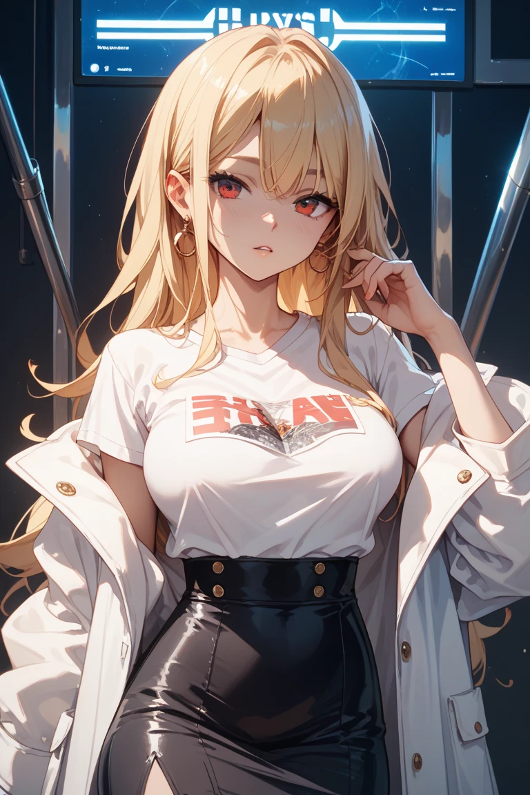 optimal,masterpiece,high resolution,best quality,Ultra HD,Very detailed,The award-winning,16K,Solitary,(Upper Body),Correct anatomy,Beautiful cyberpunk girl,Cowboy shooting、Cute face,,Blonde、Long hair、Double tail、Weaving, hairline,((Scarlet eyes)),Long eyelashes,Drooping corners of the eyes,White skin,((Shot from below)), ((t-shirt:1.5)), Clock top、((Clear nipples))、Rocket , (Large Breasts),(because I'Thin),