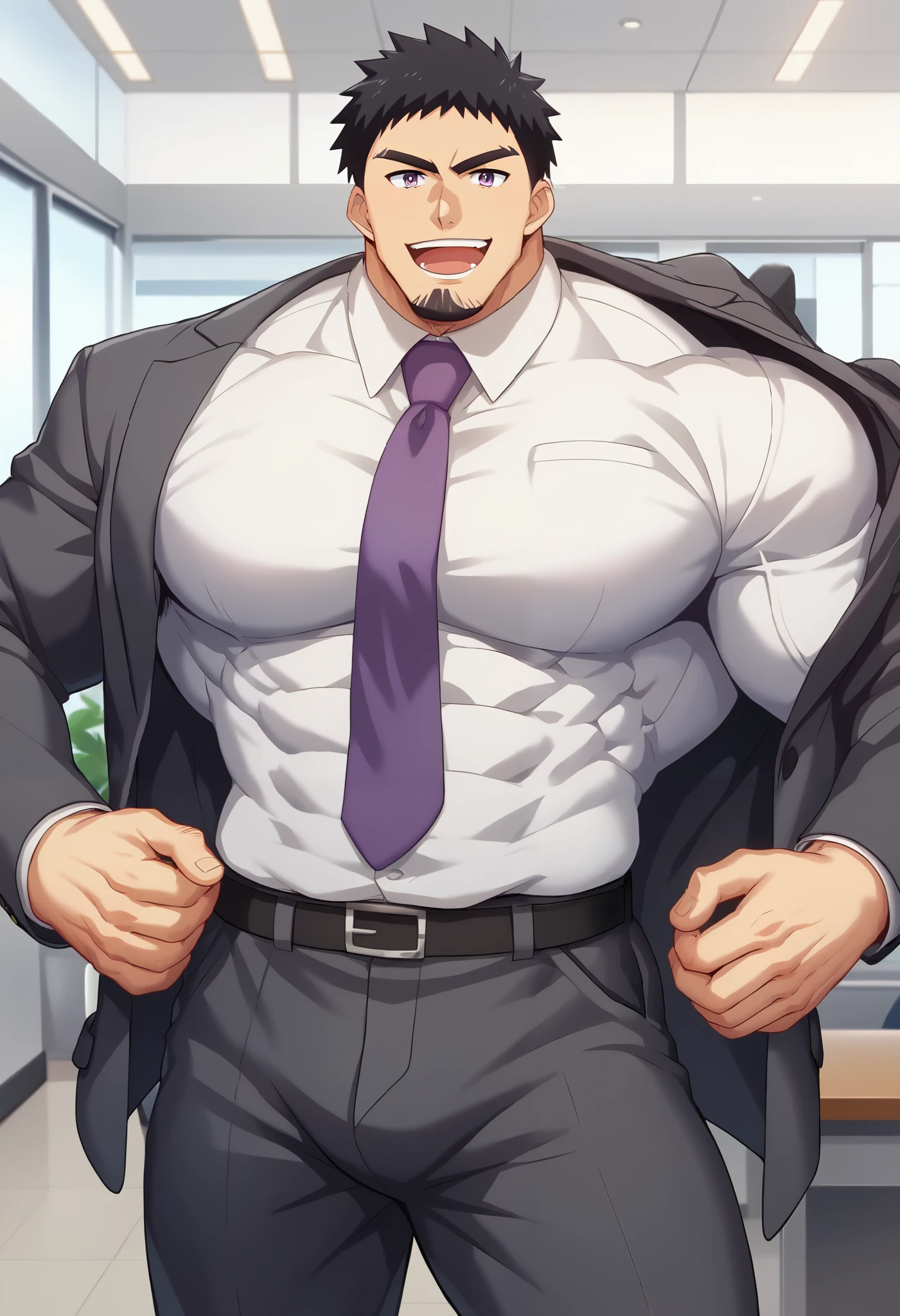 score_9, score_8_up, score_7_up, source_anime, takeda harumi, A tall and muscular office worker with short, bodybuilder, big muscles, slightly messy black hair, looking at viewer, black iris, open eyes, takeda harumi's thin beard, wearing a suit with a loosened tie, purple tie, erect penis in office pants. He has a friendly and goofy expression, standing confidently in a bright office environment. His posture is relaxed, and he appears to be laughing warmly, exuding a big-brother-like presence.