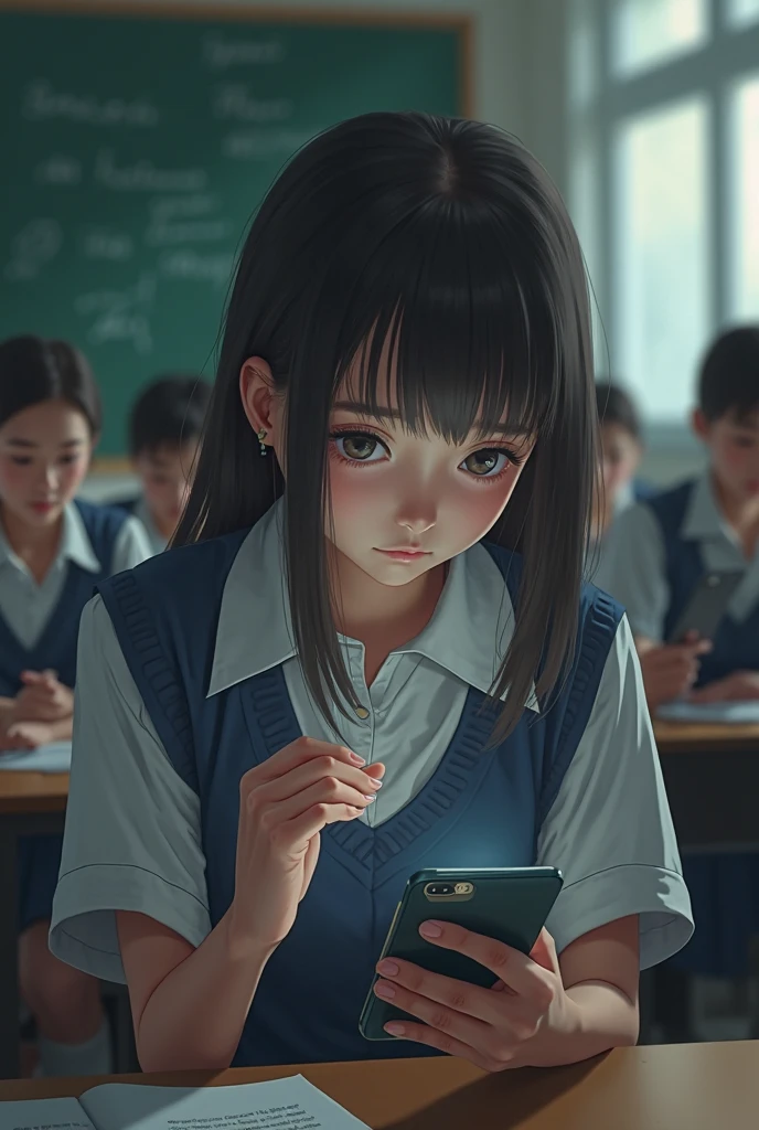 A girl addicted to playing seedlings stands in front of the classroom board.