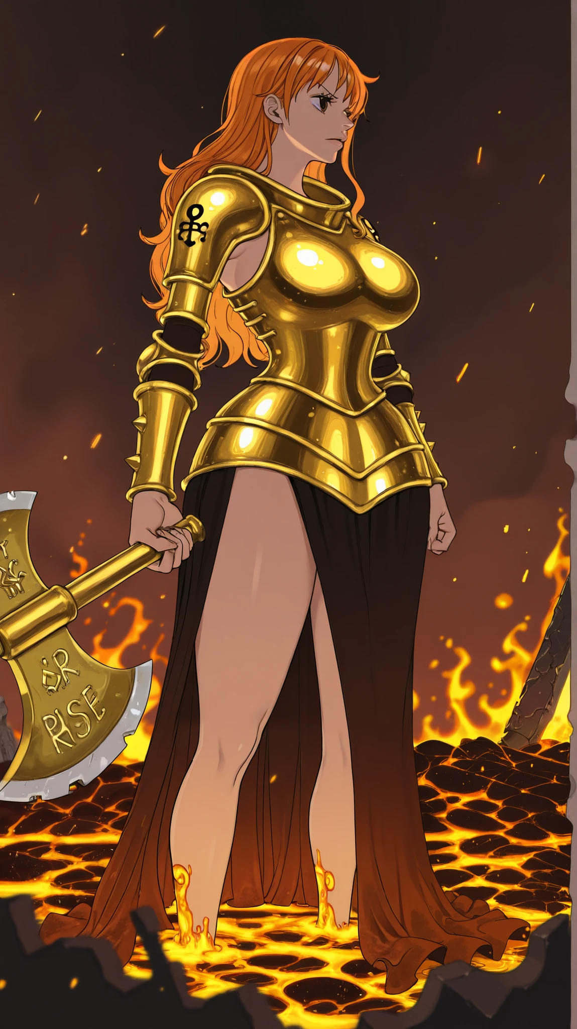NSFW, Nami (One Piece) standing in a fiery, war-scorched battlefield filled with smoldering embers and charred ruins. She wears a set of ornate, rune-engraved golden armor reminiscent of Nordic or Viking aesthetics—hammered plates layered over her torso, shoulders, and thighs, each piece etched with glowing symbols. The breastplate is contoured to fit her ((exaggeratedly huge breast and narrows at the waist, emphasizing her hourglass figure wide hips))
The armor features a layered, partially split skirt made of golden metal flaps engraved with swirling runes, revealing glimpses of her long legs. Spiked pauldrons or angular shoulder guards match the style of the breastplate. Her orange hair is styled in a fiery, long flowing cut a few loose strands framing her face.
In one hand, she grips a large, double-bladed axe forged in the same golden metal, its runic engravings faintly glowing with a magical aura. The blade edges are slightly battle-worn, hinting at combat. Molten lava or liquid fire pools at her feet, reflecting off her armor with a warm golden glow. She stands confidently, gazing forward with a fierce, determined expression, capturing both her seductive allure and the raw power of an Elbaf warrior. The overall style is high-fantasy, ultra-detailed, and dramatic, focusing on intricate textures of metal, runes, and the glowing embers swirling in the background.