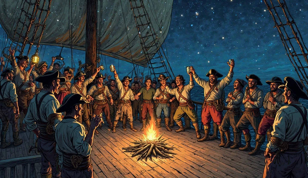 A wide hand-drawn illustration of a pirate ship deck at night - SeaArt AI