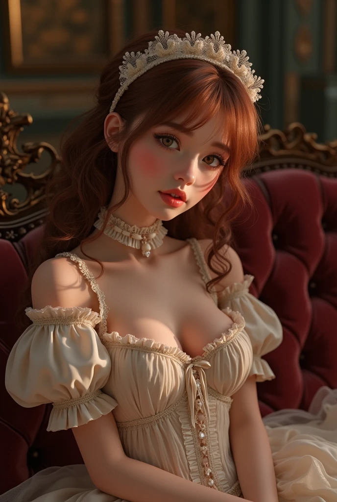 wearing puff_dress, ((Yushuxin,1 Girl,Solitary)), Warm colors, Atmosphere, 4K, masterpiece, high resolution, ridiculous, Bare shoulders, Sexy long legs, on the bed, Strike a pose, brown wavy hair, lust, eyes, Shy, Pure Desire, Tempting, Sexy pose, Big breasts, Very detailed face, Light and delicate makeup, Charm and sophistication, Attractive posture, beauty, grace, lifelike, Very detailed, amazing, beauty的, Young and energetic, Charming model
