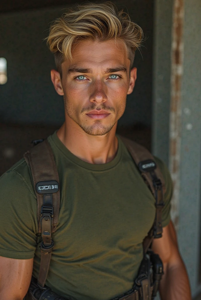 work of art, best qualityer, high resolution, retrato em close, male focus, focus only, one men, 32 years old, in military clothes, soldier, bleached blonde hair, messy hairstyle, beautiful and seductive face, bare chested, a tattoo on the chest, facial hair, roman nose, very thin body, furry legs, Simpler, barba, bold chin , in the background a millitary camp and other soldiers, amazing composition, from front view, HDR, ultra quality, chic, highy detailed