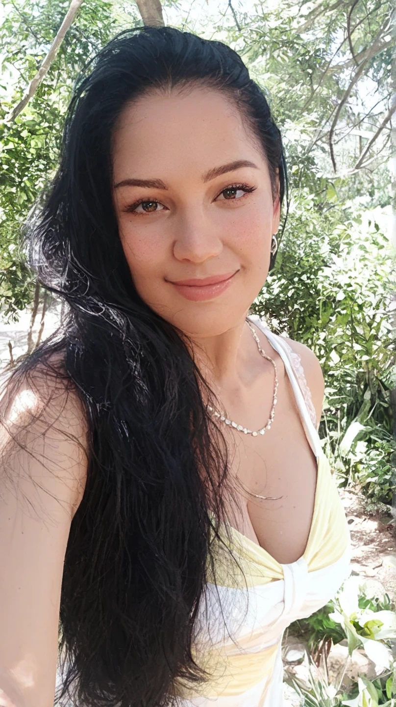 a woman standing in front of a palm tree, perfect face, by Nándor Katona, instagram, toyism, wearing a wet white short dress, dressed in a flower dress, with a seductive smile, tv show still, brazilian, 2019 trending photo, the extremely hot and sexy, floral!, white and orange,  beautiful girl