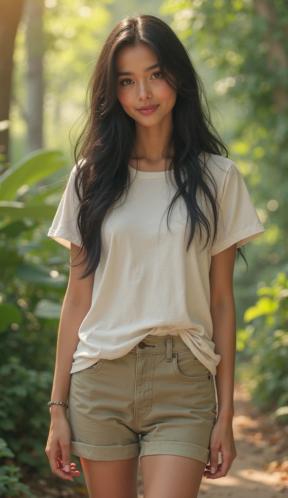 best quality, Model, Ultra detailed, Photo of a young woman, slim fit T-shirt, skirt, vacation on the farm, 18 years old, sunlight, Perfect Body, Perfect rare face, very detailed skin, black colored hair, Mock, Skin texture, Sharp focus on rare face, Perfect brown eyes, Photorealistic, Film grain, Smile